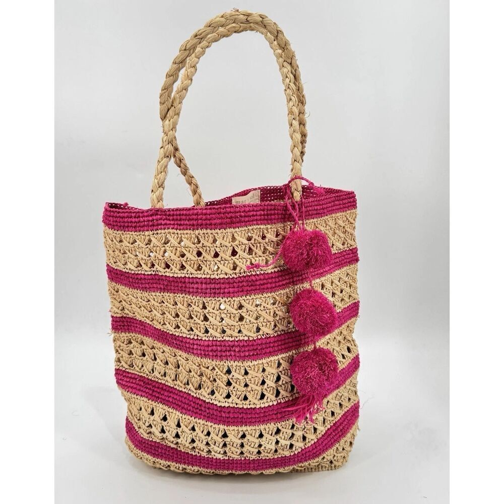 Mar Y Sol Catalina Raffia Straw Tote Bag Pink Stripe Pom Pom Charm Beach Bag